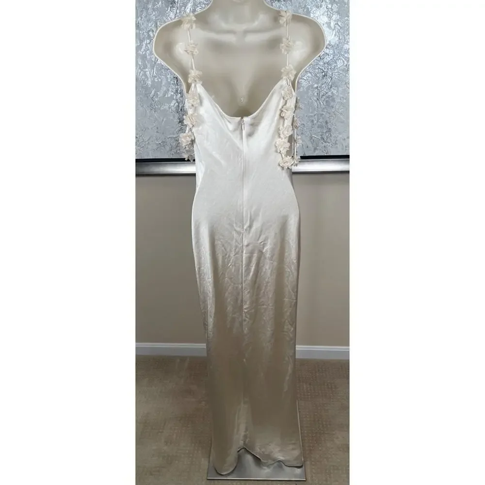 SELF-PORTRAIT Satin Flower Floral Champagne Off the Shoulder Maxi Dress Size 2 - Picture 11 of 13